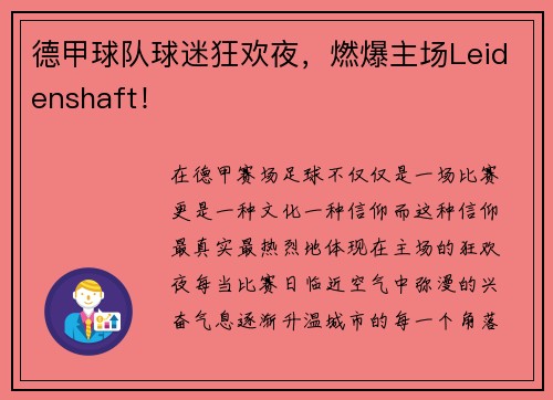 德甲球队球迷狂欢夜，燃爆主场Leidenshaft！